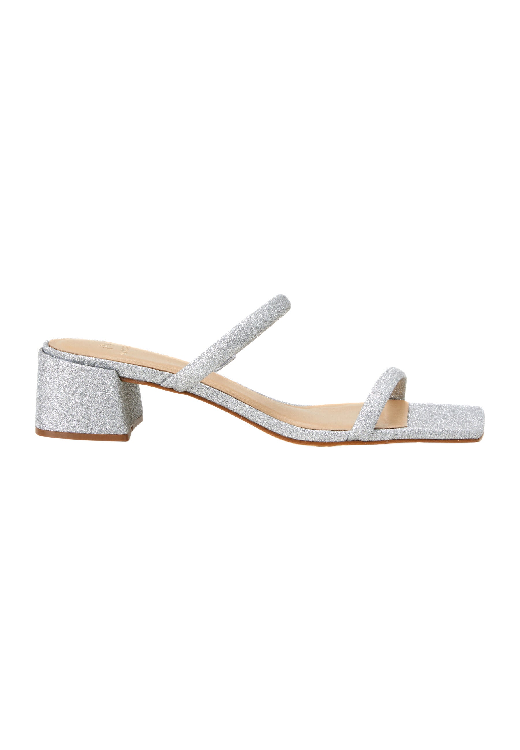 Maiate Silver Textile Mules – 4cm Low Block Heel