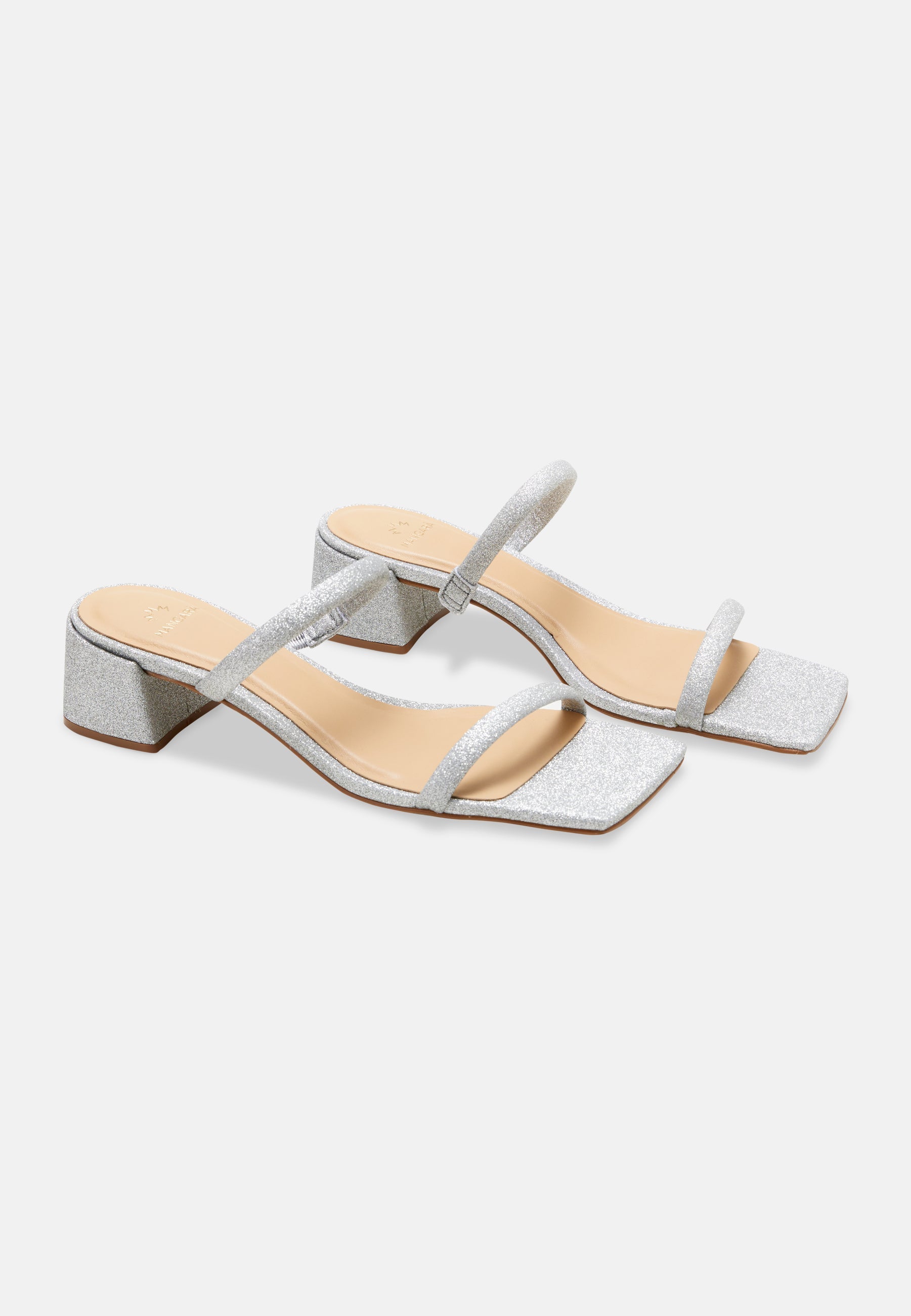 Maiate Silver Textile Mules – 4cm Low Block Heel