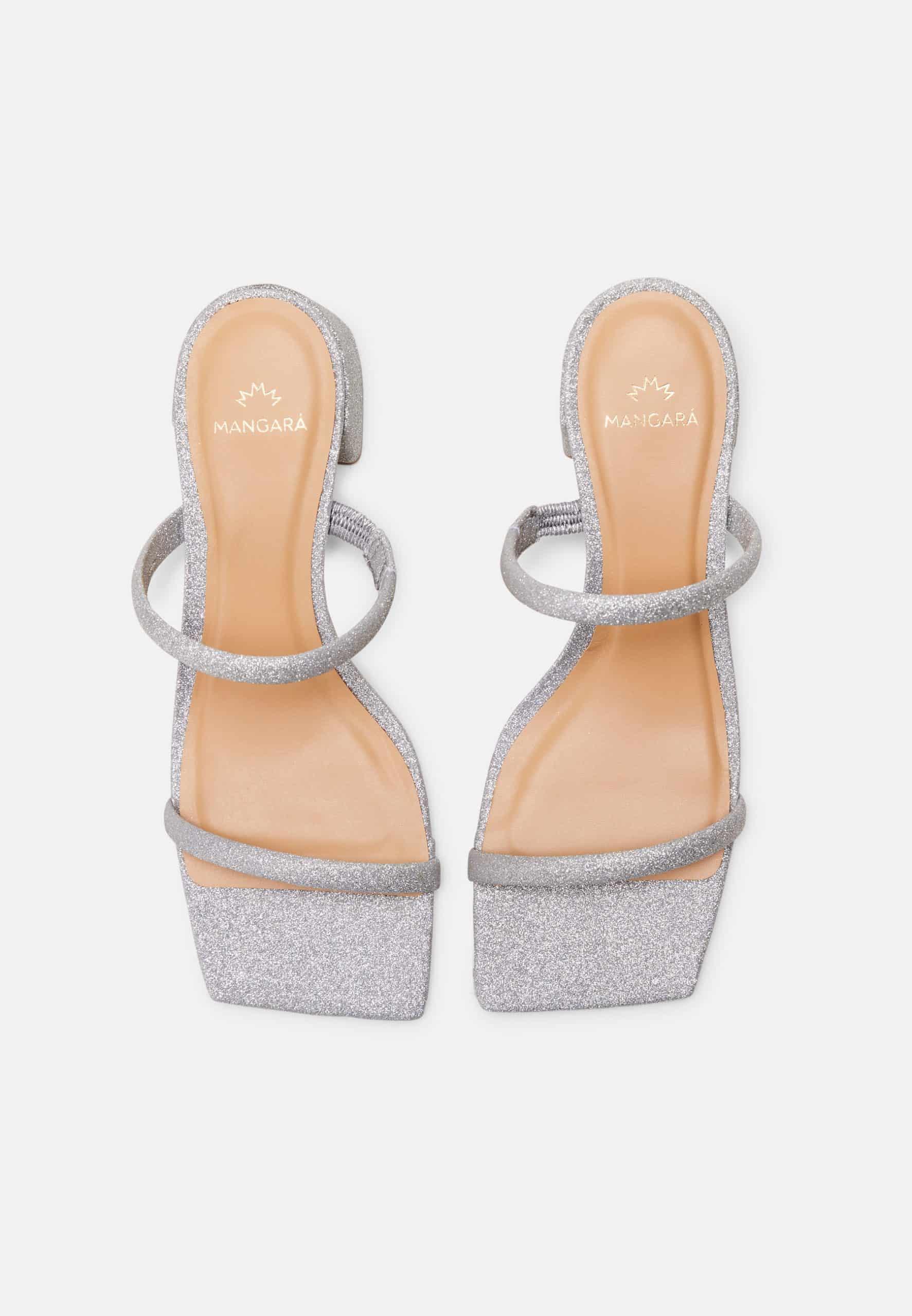 Maiate Silver Textile Mules – 4cm Low Block Heel