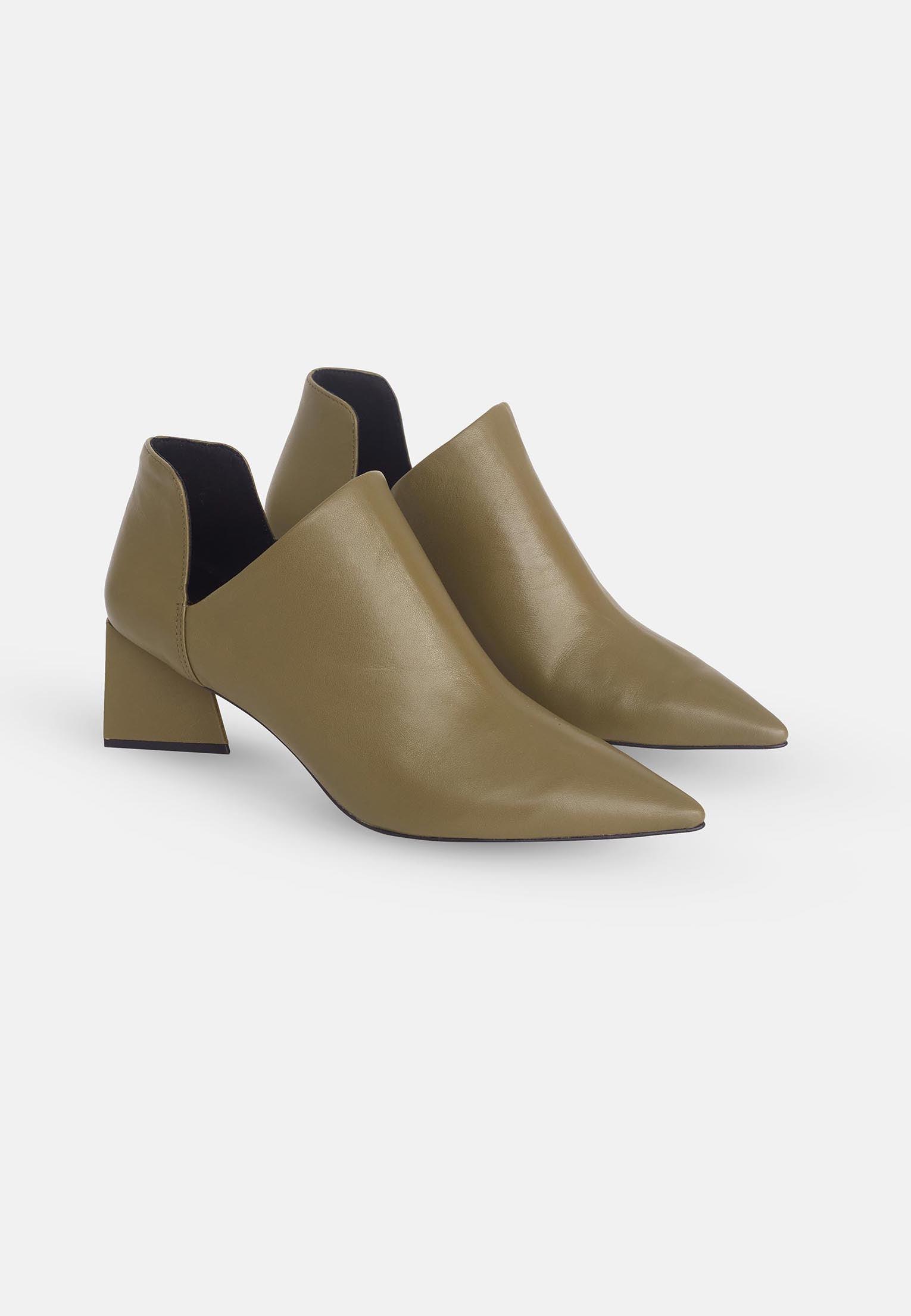 Maranta Olive Sheepskin Ankle Boots – 6.3cm Pointed Block Heel
