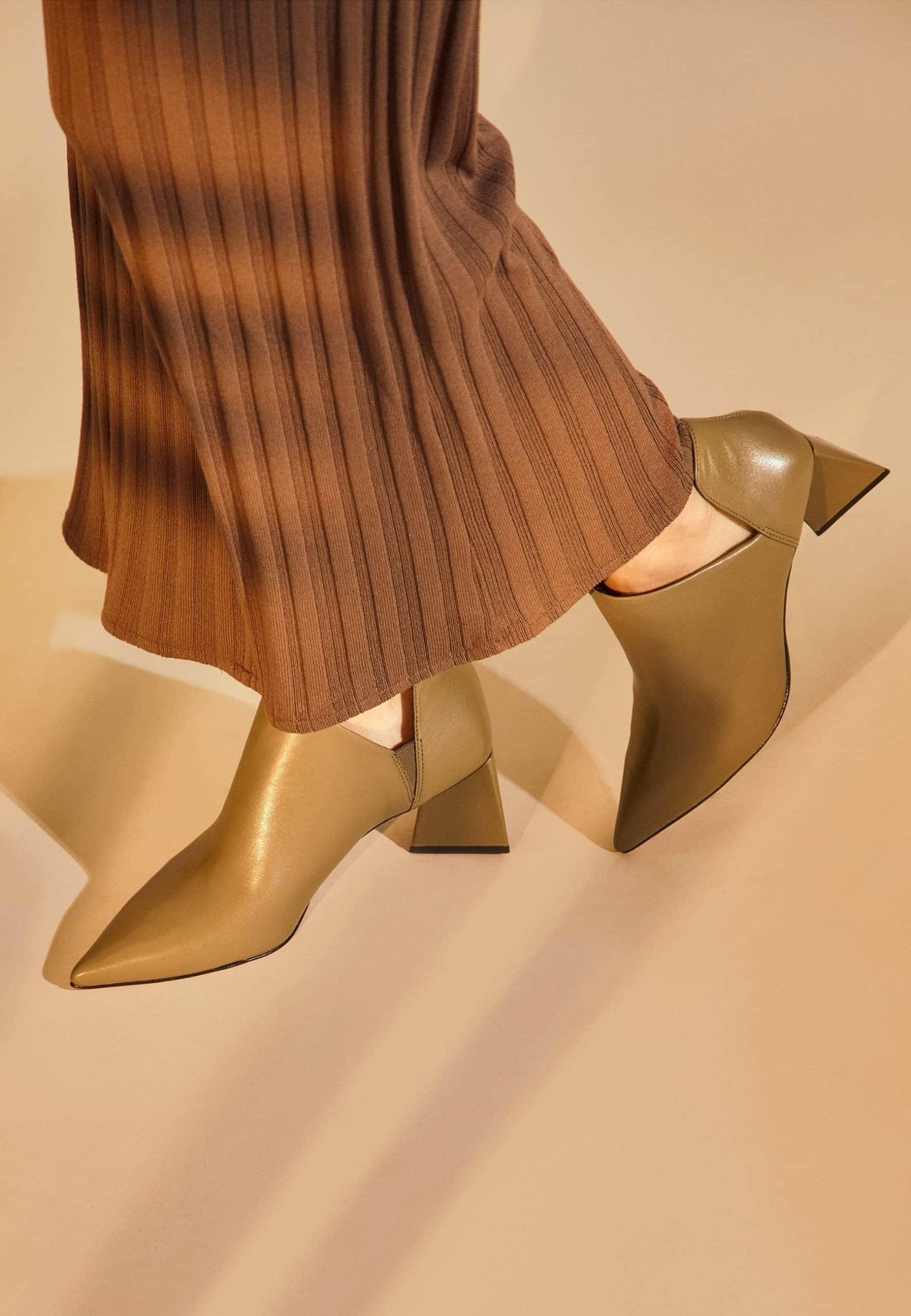 Maranta Olive Sheepskin Ankle Boots – 6.3cm Pointed Block Heel